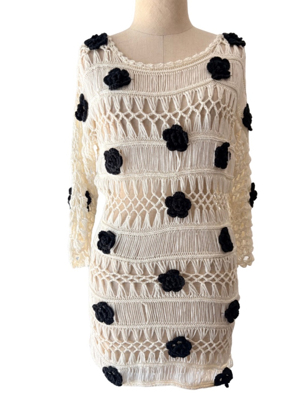 vtg y2k open crochet knit flower details top/ dress black and white cottagecore
